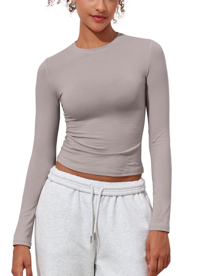 PrettyGuide Women's Long Sleeve Basic Cotton Shirts Tees Tight Fitted Going Out Y2k Crop Tops Oyster S - Image 2